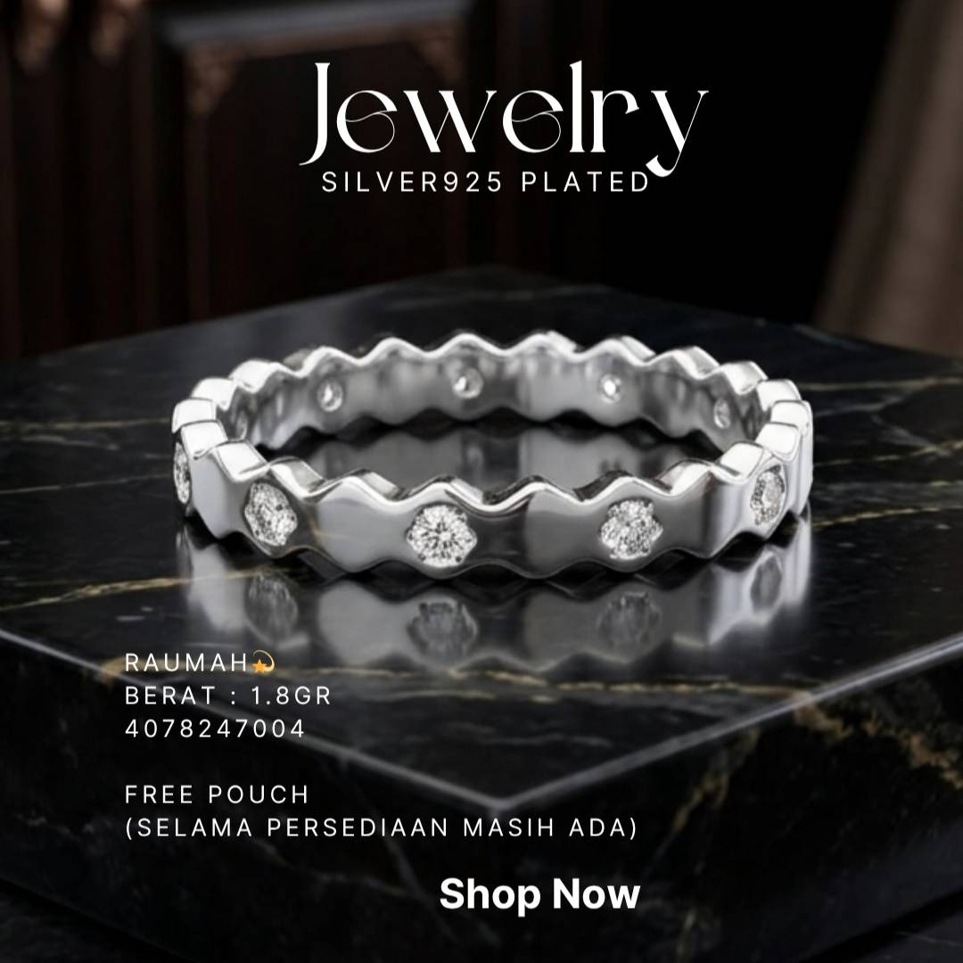 Cincin perak 925 model Raumah zirkonia heksagon di atas latar hitam
