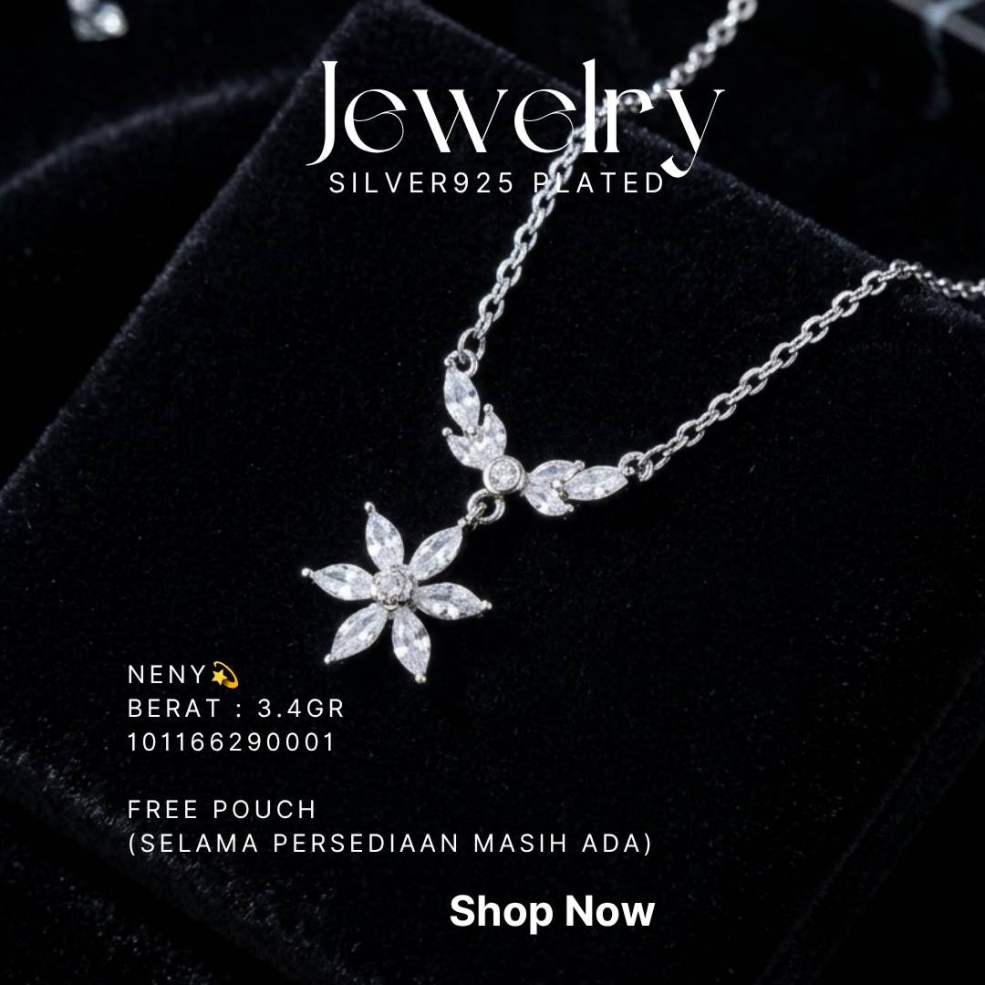 Kalung perak 925 model Neny bunga zirkonia di atas latar hitam