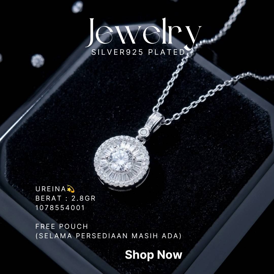 Kalung perak 925 model Ureina zirkonia bulat di atas latar hitam