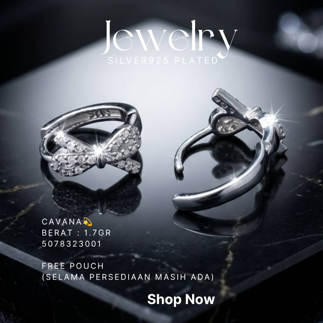 Anting perak 925 model Cavana pita zirkonia di atas latar hitam