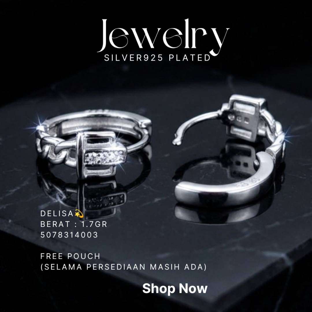 Anting perak 925 model Delisa rantai zirkonia di atas latar hitam