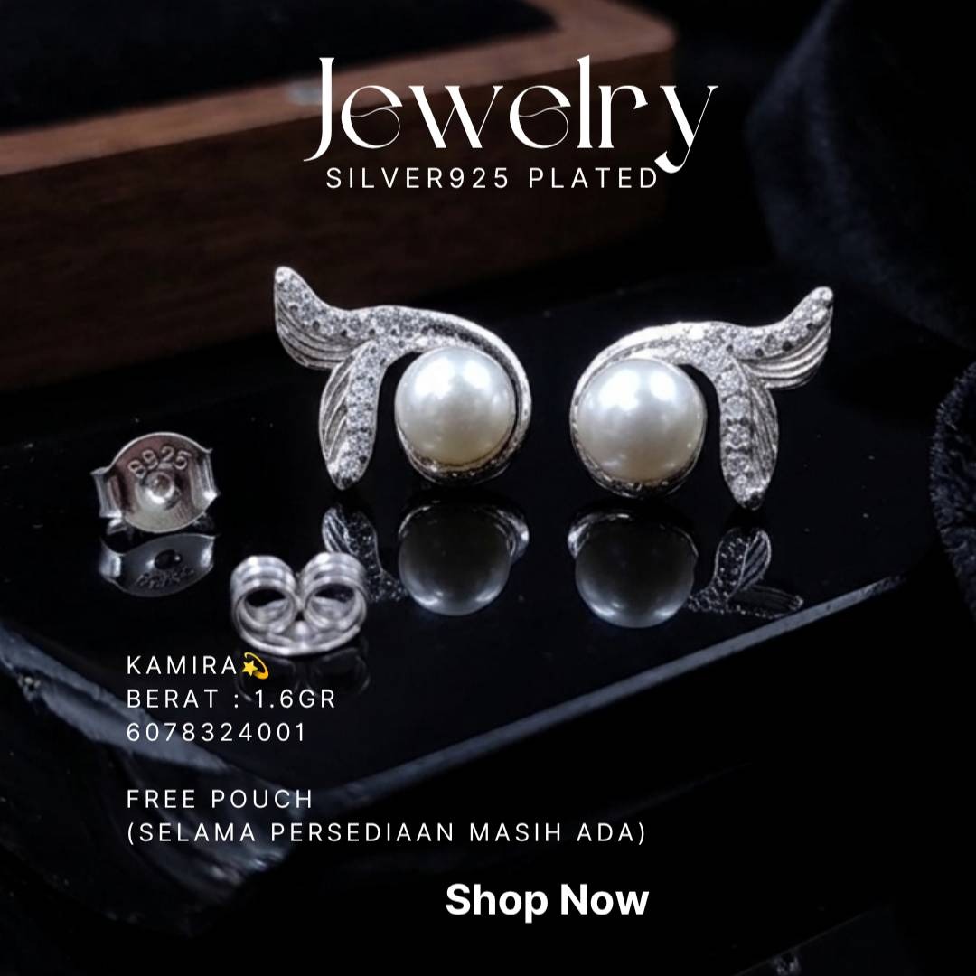 Anting perak 925 model Kamira dengan mutiara dan zirkonia berbentuk sirip di atas kaca hitam