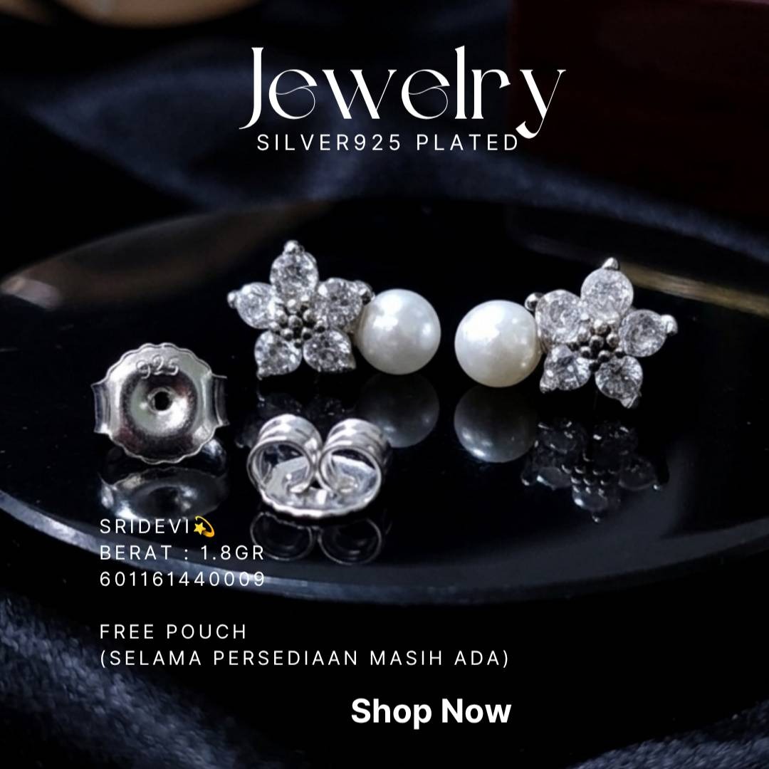 Anting perak 925 model Sridevi bunga zirkonia dengan mutiara putih