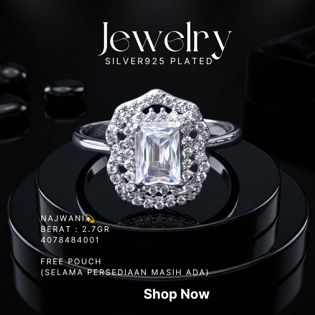 Cincin perak 925 model Najwani dengan zirkonia persegi panjang dan hiasan zirkonia