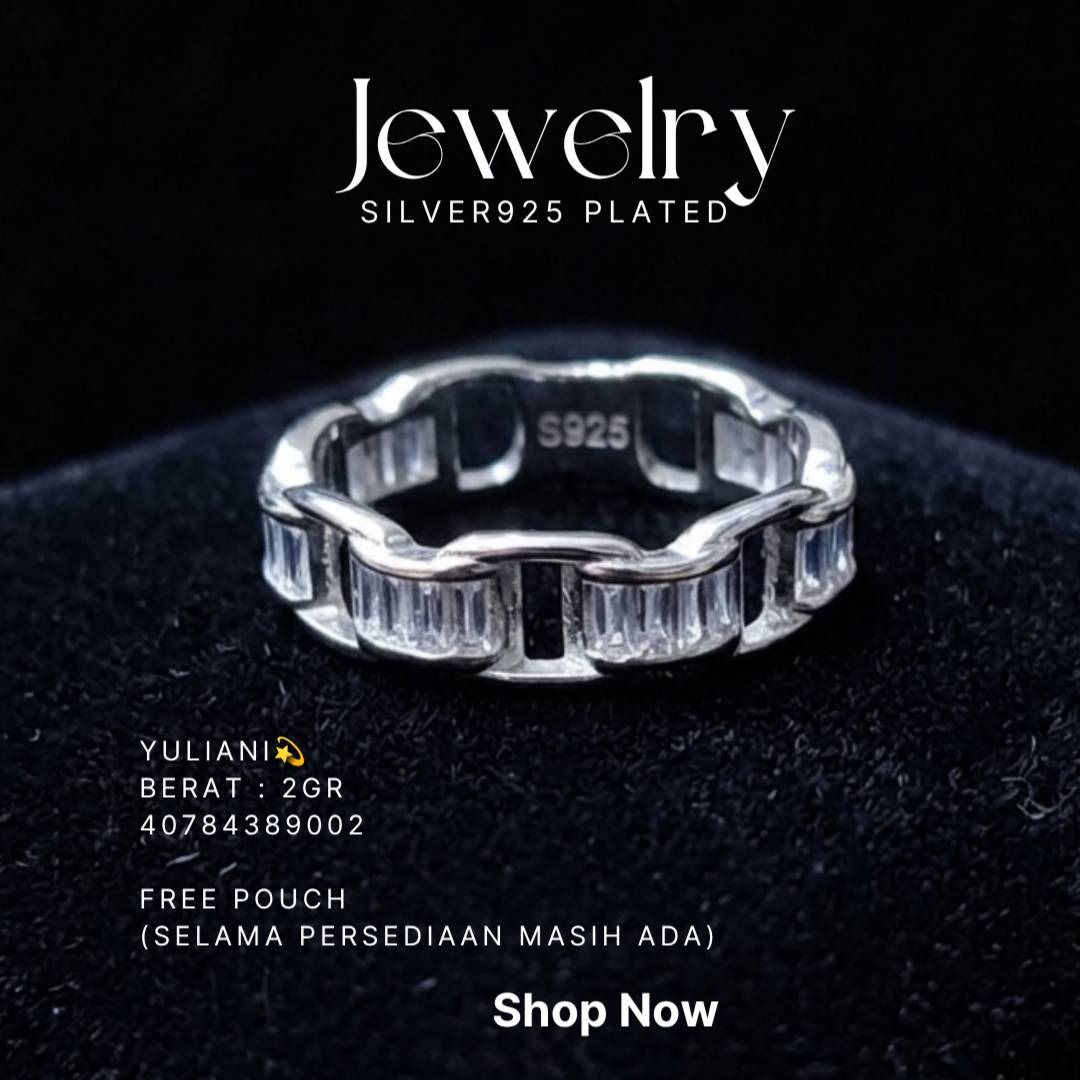 Cincin perak 925 model Yuliani dengan zirkonia baguette berbentuk rantai