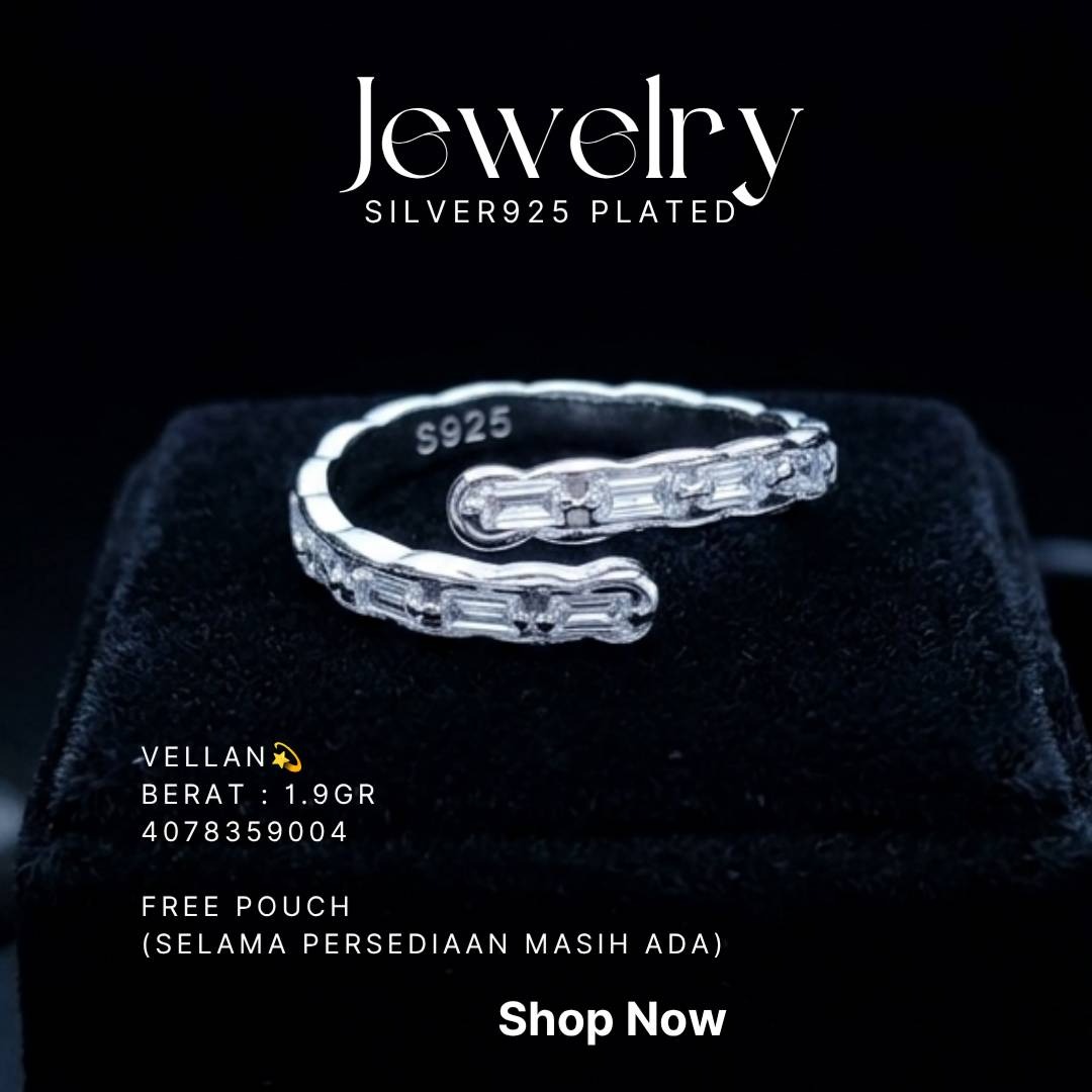 Cincin perak 925 model Vellan terbuka dengan zirkonia baguette