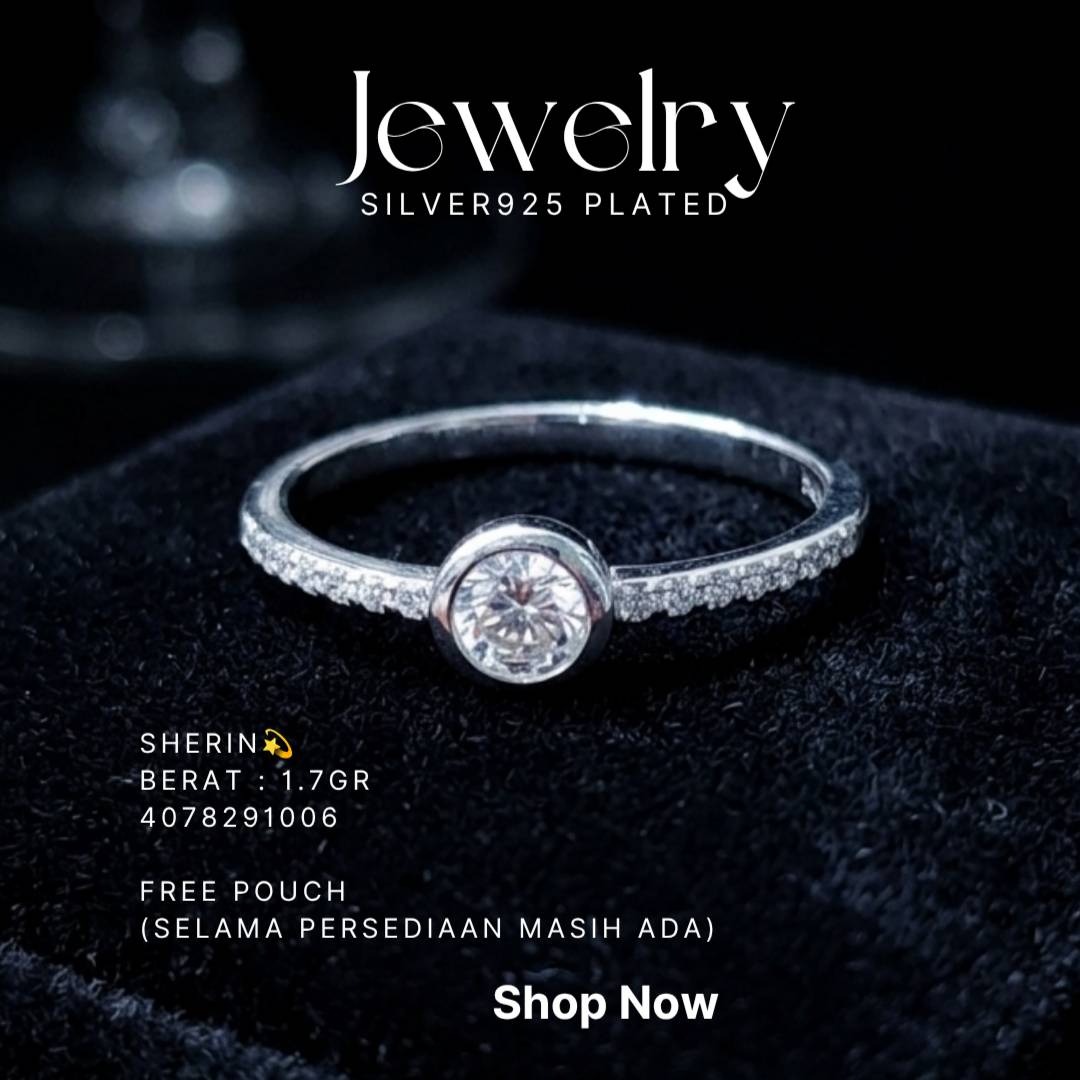 Cincin perak 925 model Sherin dengan satu zirkonia bulat dan hiasan kecil di samping