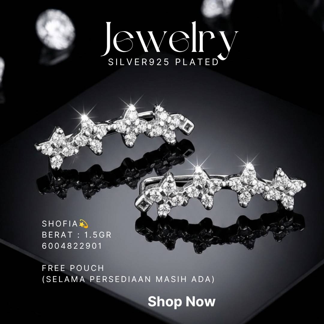 Anting slip perak 925 model Shofia dengan rangkaian bintang zirkonia