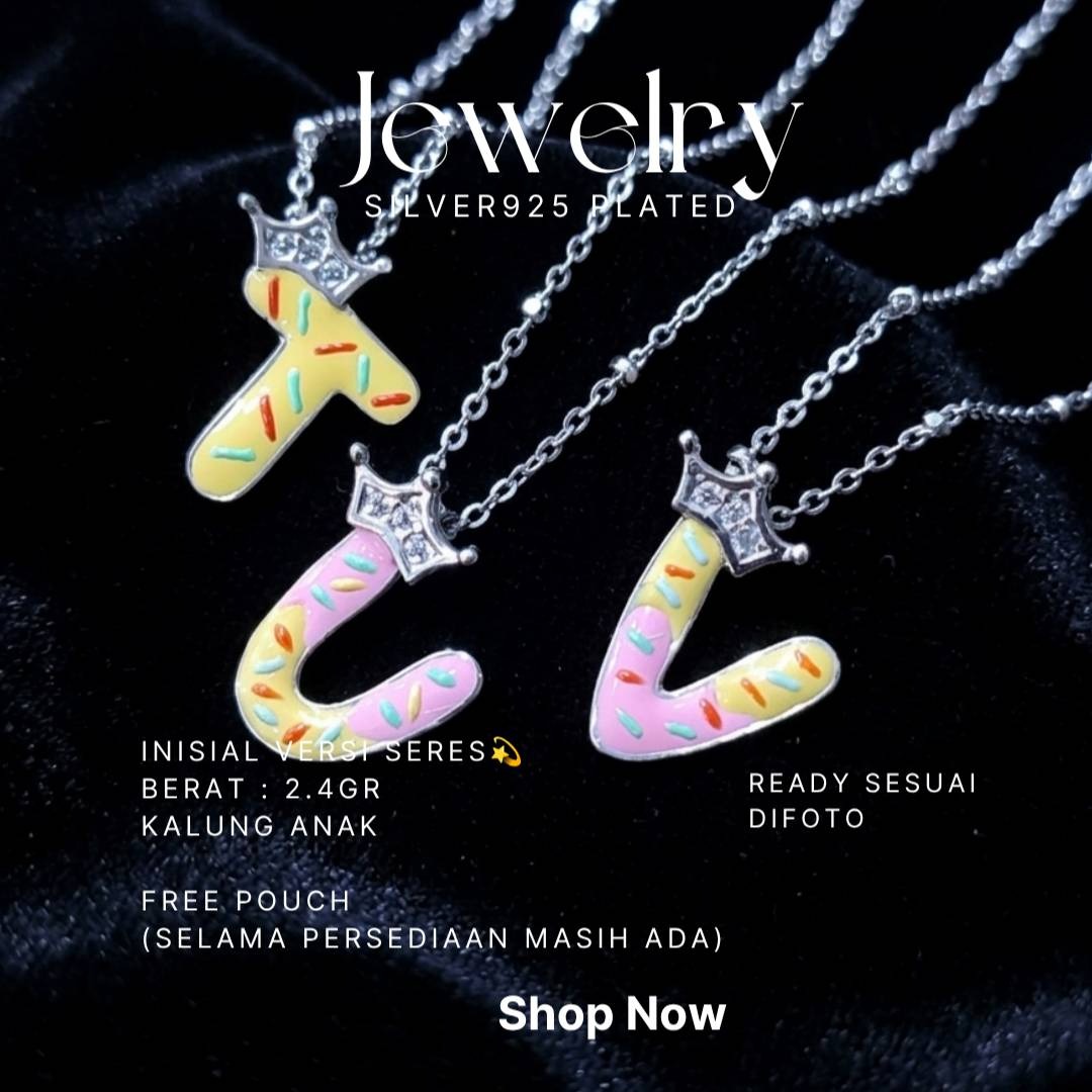 Kalung anak perak 925 inisial huruf T, U, V warna-warni dengan mahkota zirkonia