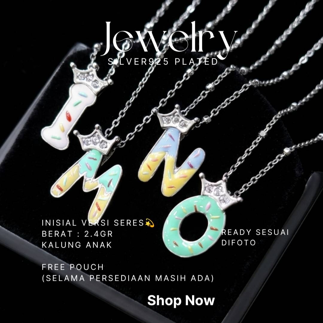 Kalung anak perak 925 inisial huruf I, M, N, O warna-warni dengan mahkota zirkonia