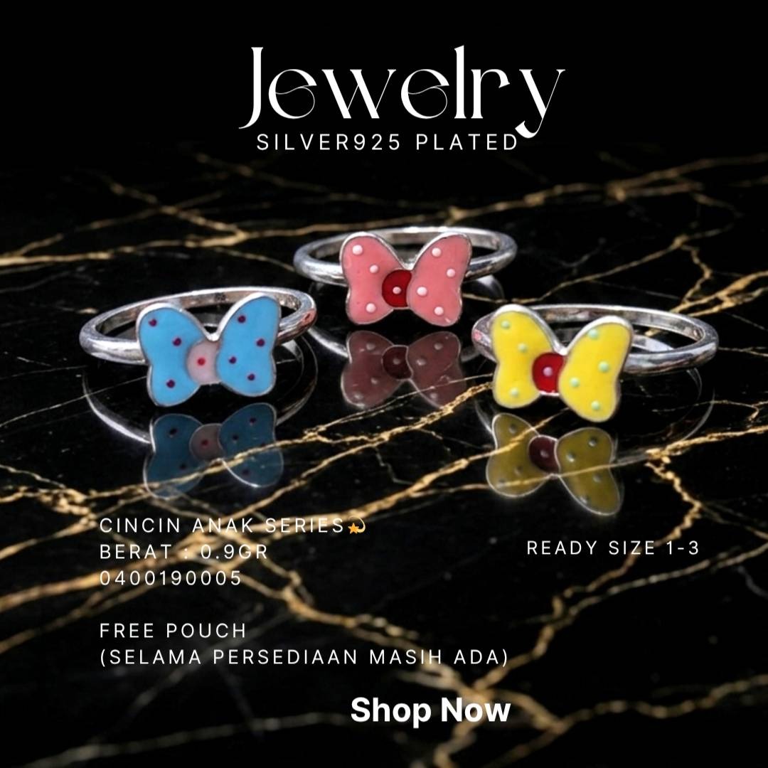 Tiga cincin anak perak 925 dengan pita polkadot warna-warni