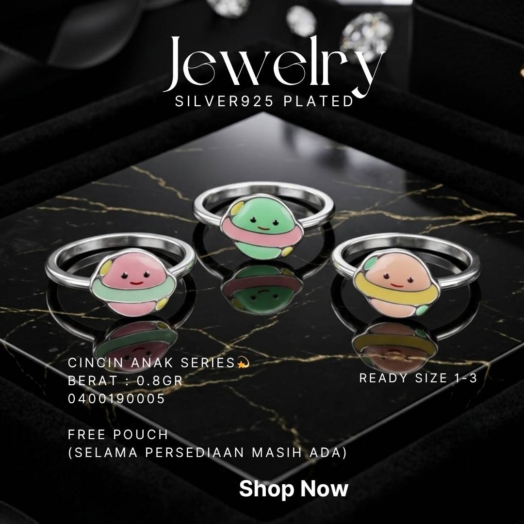 Tiga cincin anak perak 925 dengan karakter planet tersenyum warna-warni