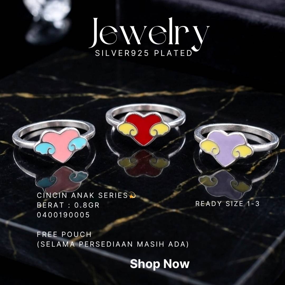Tiga cincin anak perak 925 dengan hati bersayap warna-warni