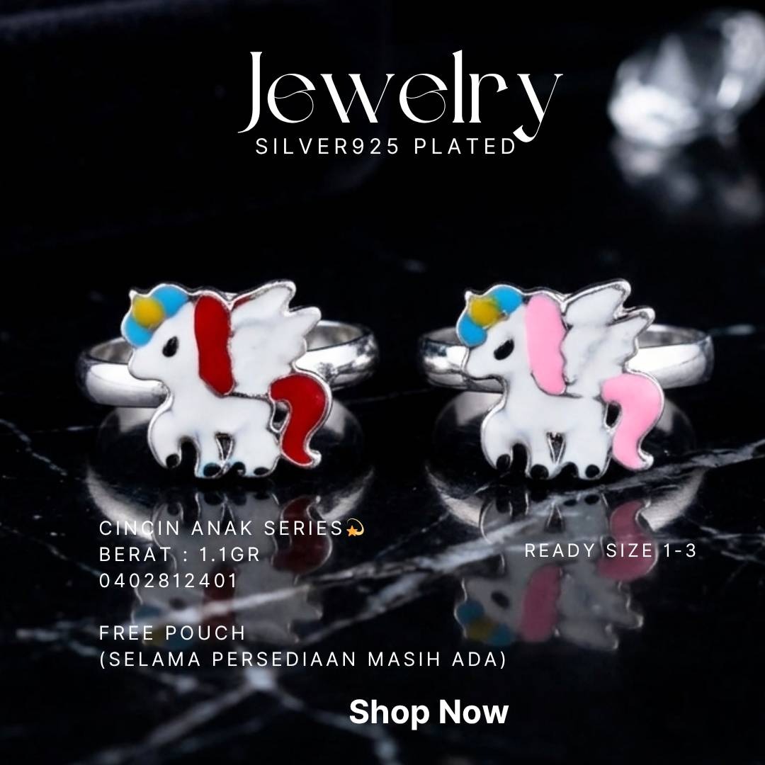 Dua cincin anak perak 925 dengan karakter unicorn bersayap
