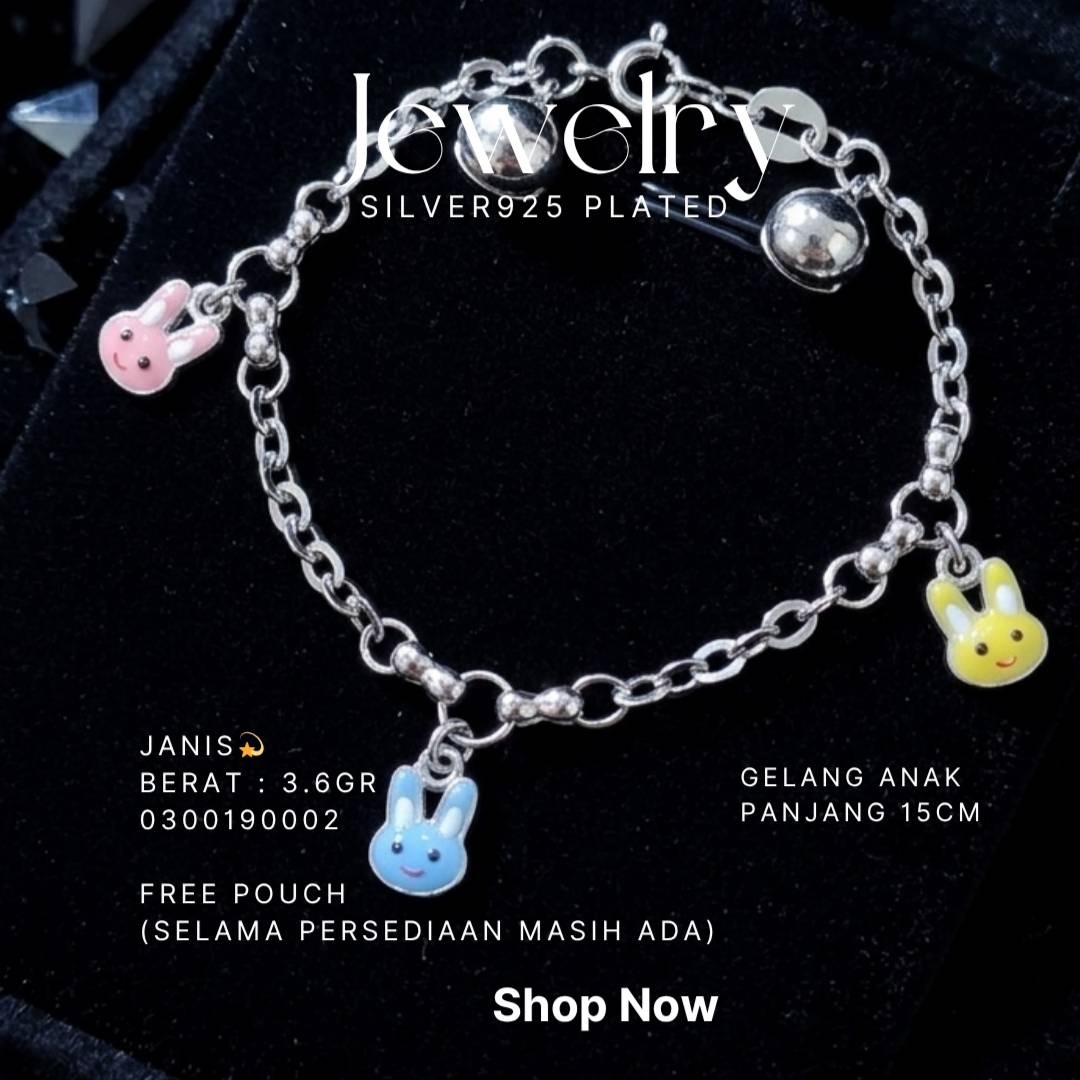 Gelang rantai anak perak 925 model Janis dengan charm kelinci dan lonceng
