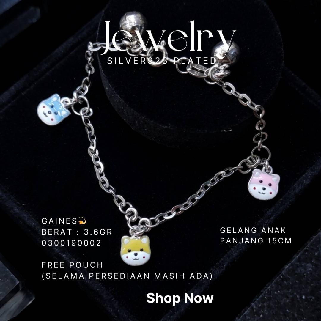 Gelang rantai anak perak 925 model Gaines dengan charm kepala anjing dan lonceng