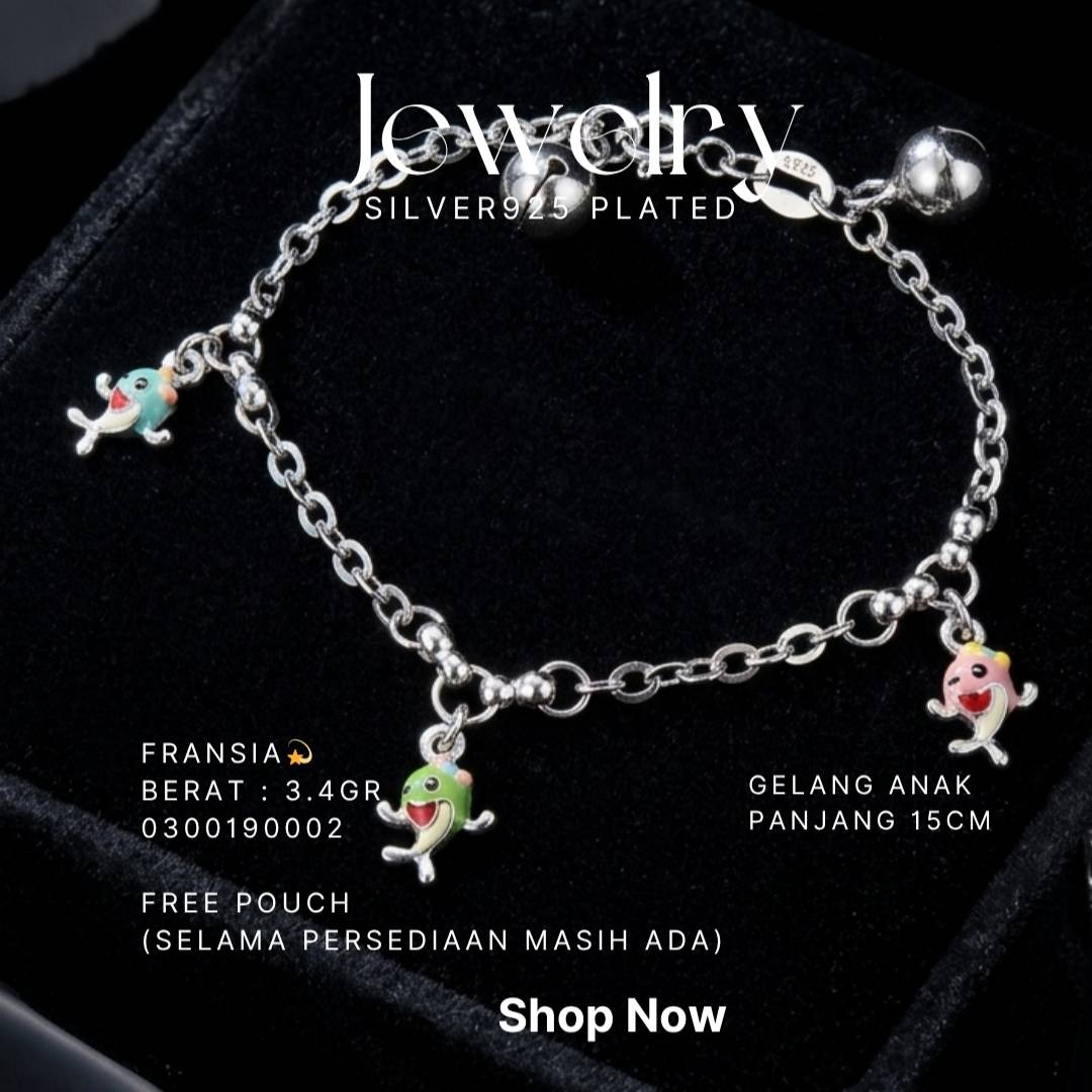 Gelang rantai anak perak 925 model Fransia dengan charm ikan warna-warni dan lonceng