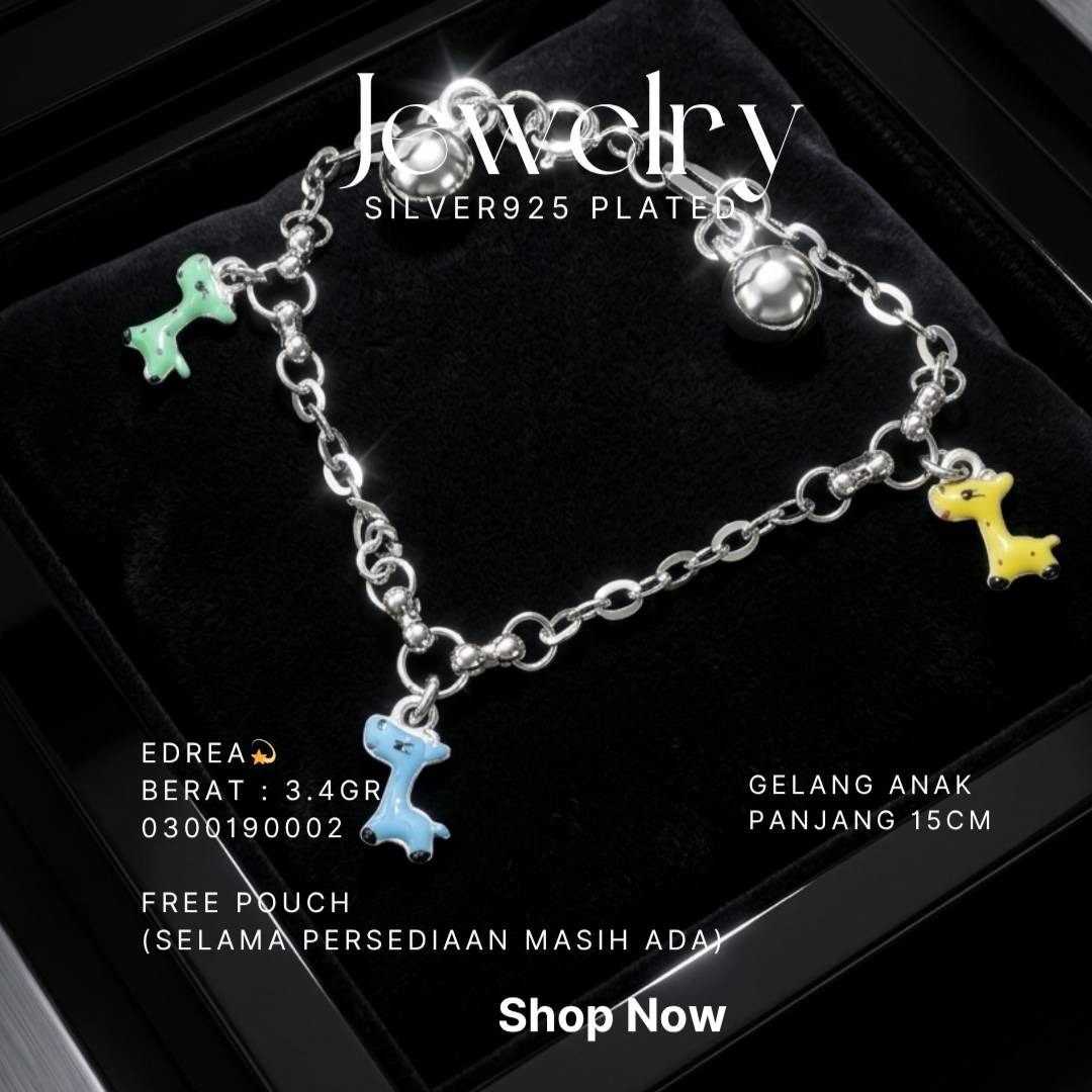 Gelang rantai anak perak 925 model Edrea dengan charm jerapah dan lonceng