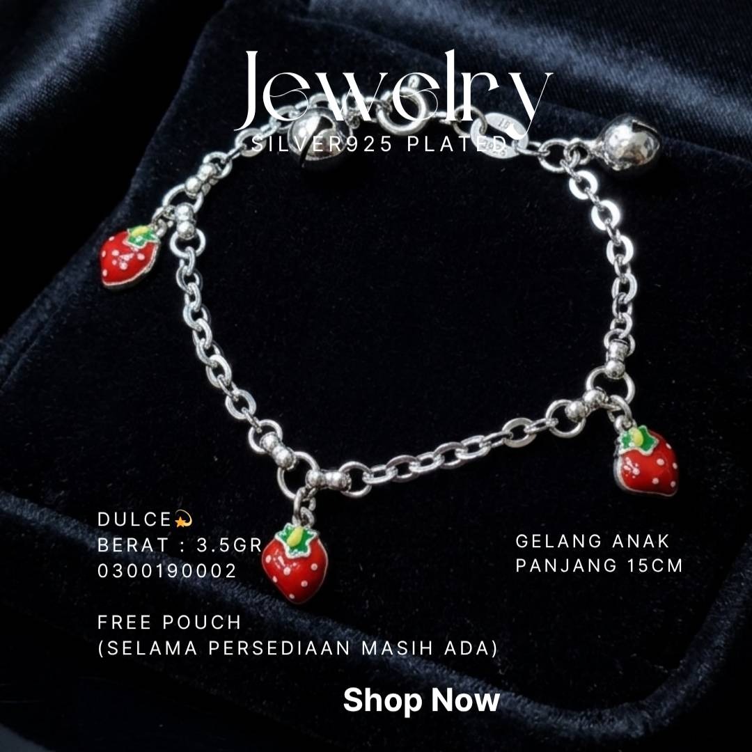 Gelang rantai anak perak 925 model Dulce dengan charm stroberi merah dan lonceng