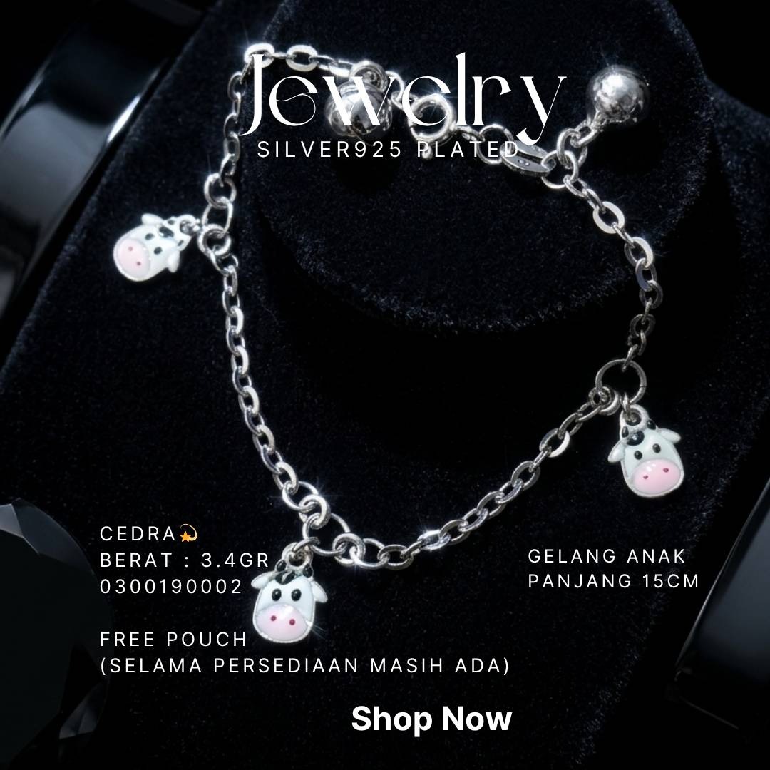 Gelang rantai anak perak 925 model Cedra dengan charm sapi dan lonceng