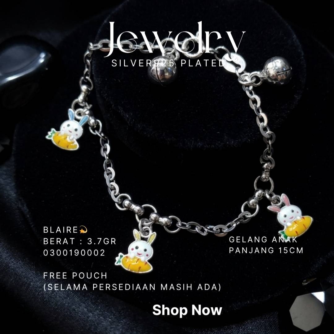 Gelang rantai anak perak 925 model Blaire dengan charm kelinci dan wortel