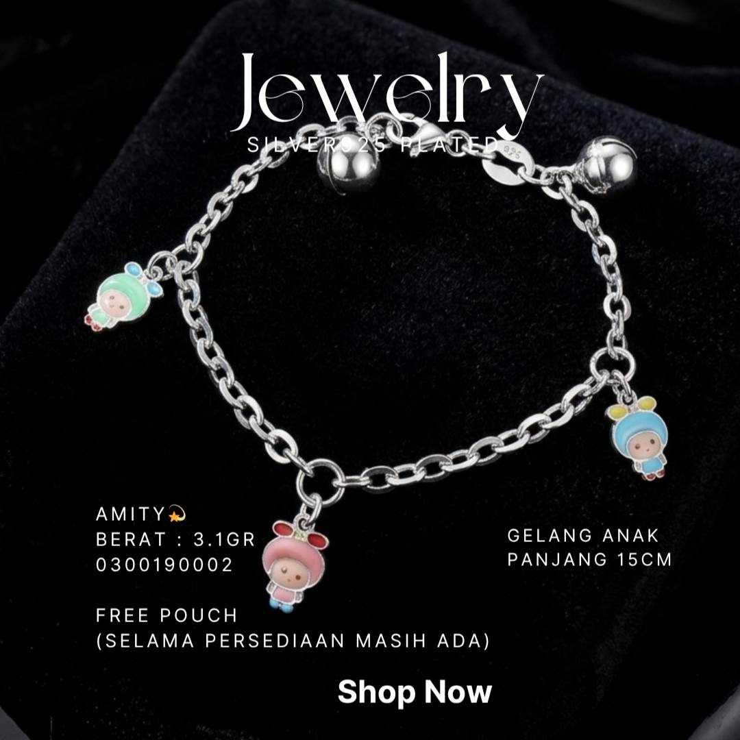 Gelang rantai anak perak 925 model Amity dengan charm boneka warna-warni dan lonceng