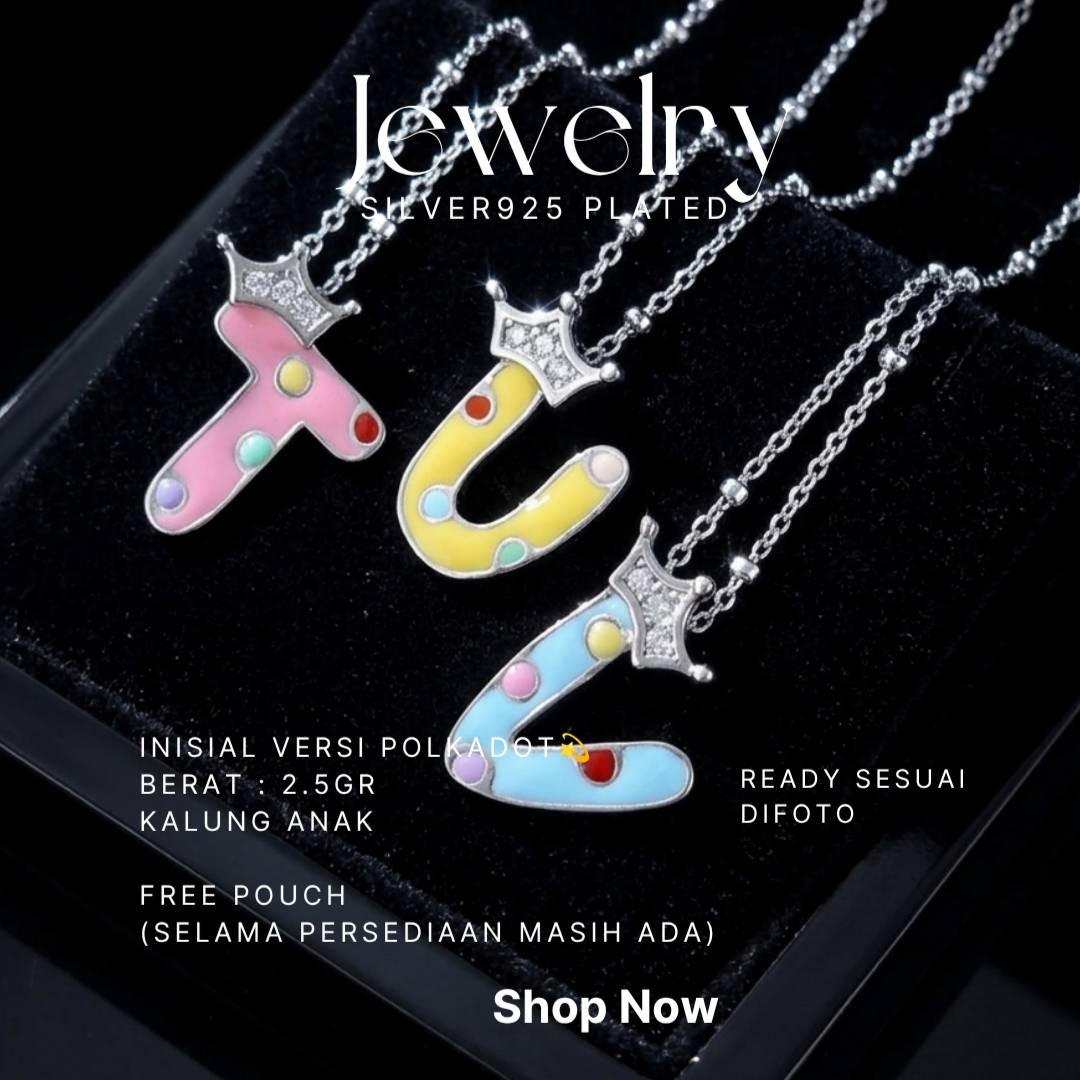 Kalung anak perak 925 inisial huruf T, U, V motif polkadot dengan mahkota zirkonia