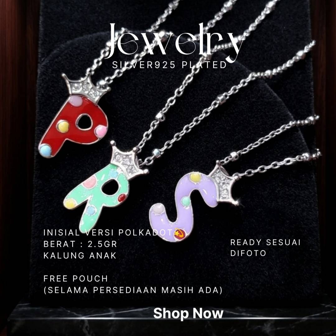 Kalung anak perak 925 inisial huruf P, R, S motif polkadot dengan mahkota zirkonia
