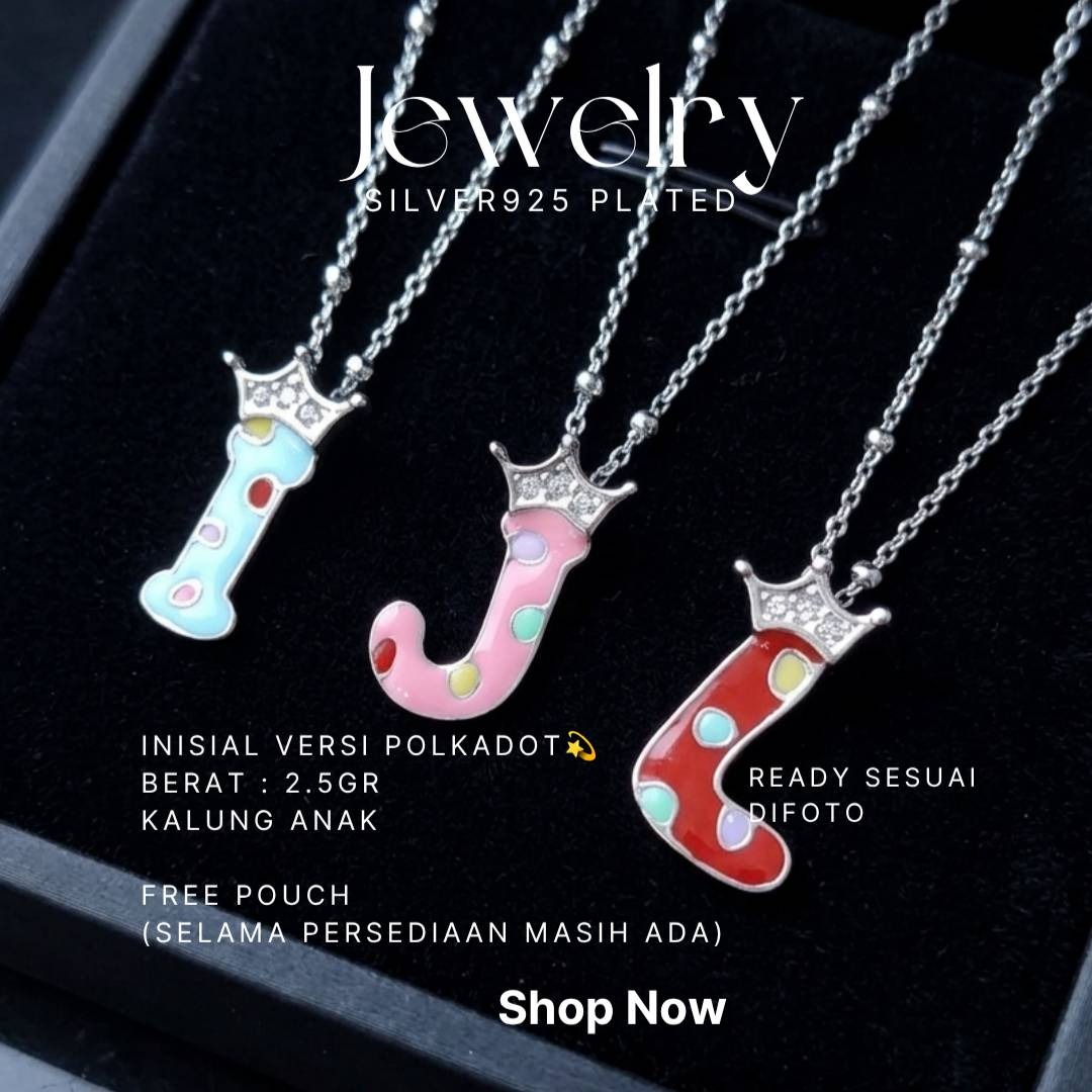 Kalung anak perak 925 inisial huruf I, J, L motif polkadot dengan mahkota zirkonia