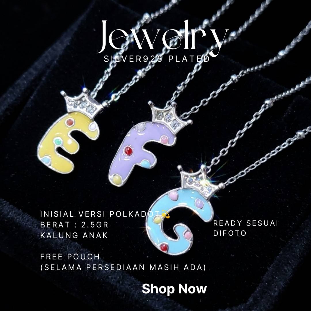 Kalung anak perak 925 inisial huruf E, F, G motif polkadot dengan mahkota zirkonia