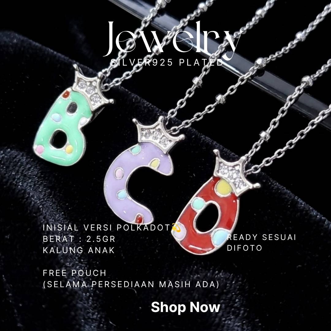 Kalung anak perak 925 inisial huruf B, C, D motif polkadot dengan mahkota zirkonia
